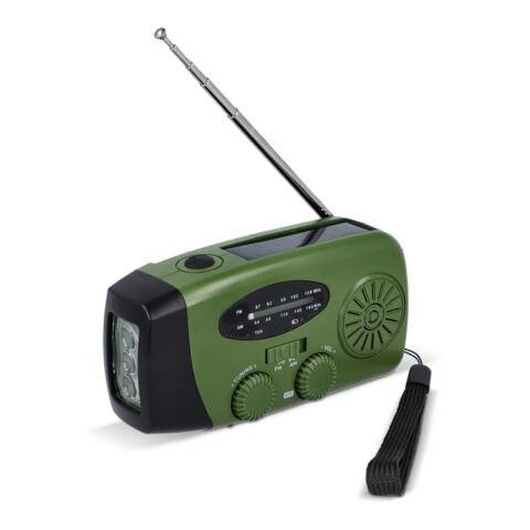 Werbeartikel SafeSound Notfallradio Solar und Powerbank mit Handaufzug – dunkelgrün – mit Logo bedruckt