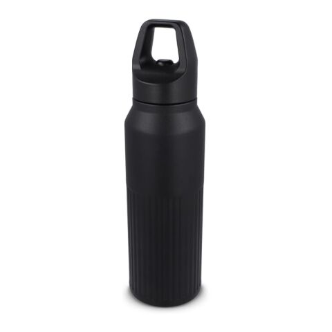 Werbeartikel 500 ml Edelstahl-Isolierflasche doppelwandig mit Easy-Click-Verschluss & Streifenmuster hält 24h kalt / 8h heiß – schwarz – mit Logo