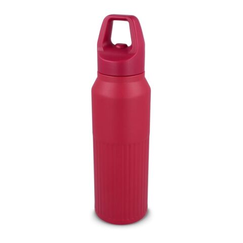 Werbeartikel 500 ml Edelstahl-Isolierflasche doppelwandig mit Easy-Click-Verschluss & Streifenmuster hält 24h kalt / 8h heiß – rot weiß – mit Logo