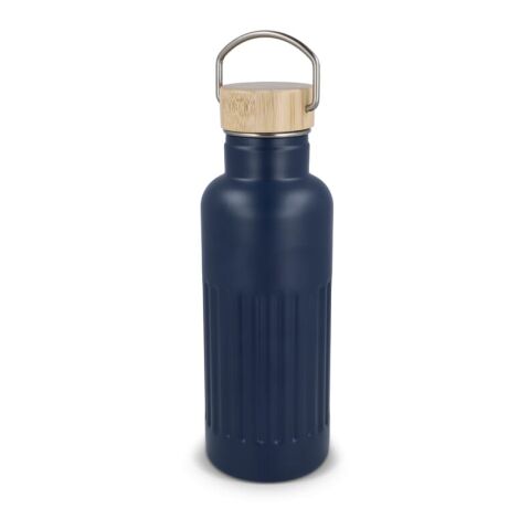Nachhaltiger Werbeartikel 500 ml Isolierflasche aus recyceltem Edelstahl doppelwandig mit Bambusdeckel & Streifenmuster – Dunkelblau – mit Logo