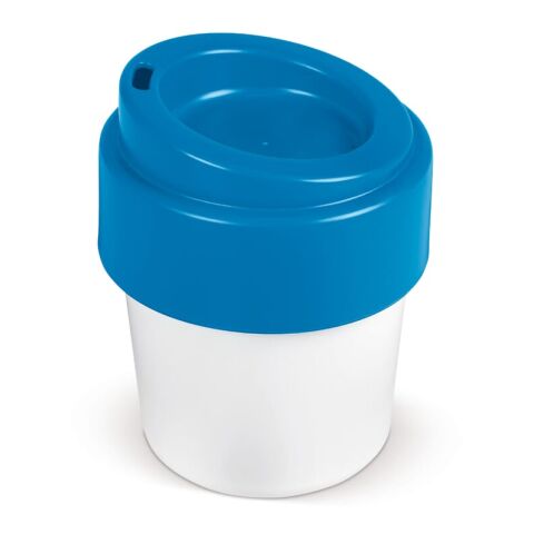 Werbeartikel Kaffee to go Becher Heiß-aber-cool – weiss-blau – mit Logo bedruckt 240 ml nachhaltig für die Büroküche