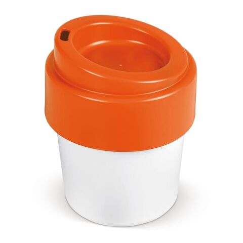 Werbeartikel Heiß-aber-cool Kaffeebecher mit Deckel 240ml – Weiss-Orange – mit Logo bedruckt