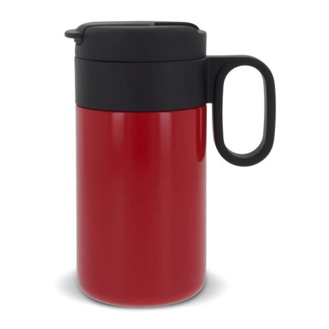 Werbeartikel Flow 250 ml Isolierbecher Toppoint Design 100% auslaufsicher vakuumisoliert hält 12h heiß / 24h kalt mit Griff – rot weiß – mit Logo