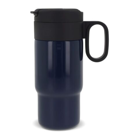 Werbeartikel Flow 300 ml Isolierbecher mit Griff doppelwandig 100% auslaufsicher vakuumisoliert 12h heiß/24h kalt – dunkelblau – mit Logo bedruckt