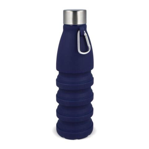 Werbeartikel Faltbare 550ml Wasserflasche aus Silikon mit Karabiner platzsparend & flexibel Outdoor BPA-frei – dunkelblau – mit Logo bedruckt