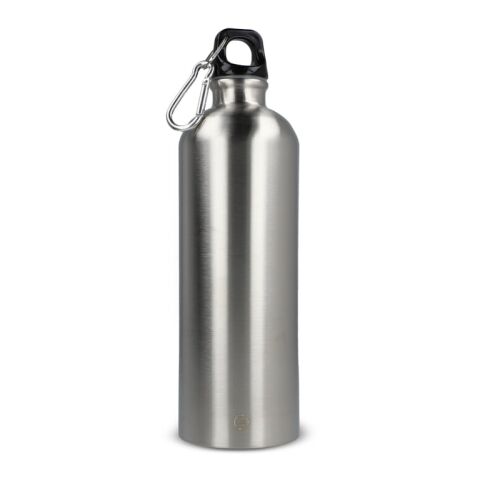 Werbeartikel Edelstahl Trinkflasche 750 ml recycelt einwandig mit Karabiner BPA-frei Geschenkbox – silber – mit Logo bedruckt