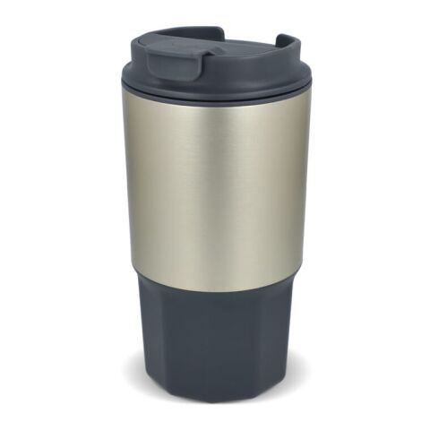 Werbeartikel Silva 450 ml Thermobecher doppelwandig mit isoliertem Kunststoff-Innenraum & auslaufsicherem Deckel – grau – mit Logo bedruckt