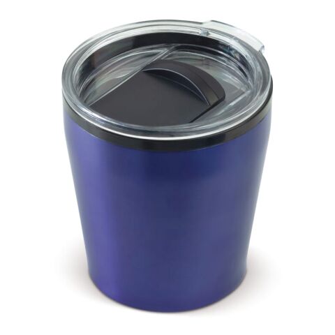 Werbeartikel 180 ml Coffee-to-go-Tasse aus Edelstahl & Kunststoff passt unter fast jede Kaffeemaschine – dunkelblau – mit Logo bedruckt