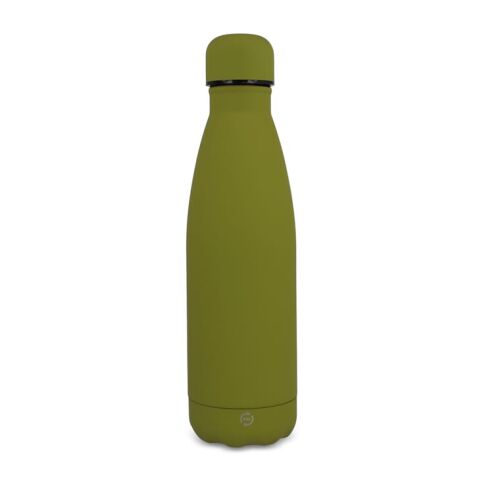 Werbeartikel R-Swing 500 ml Vakuum-Isolierflasche aus recyceltem Edelstahl doppelwandig mit Soft-Touch Oberfläche – olivgrün – mit Logo bedruckt