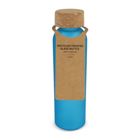 Werbeartikel Trinkflasche 500ml aus recyceltem Glas gefrostet mattierte Oberfläche Naturkorken-Deckel nachhaltig – blau weiß – mit Logo bedruckt
