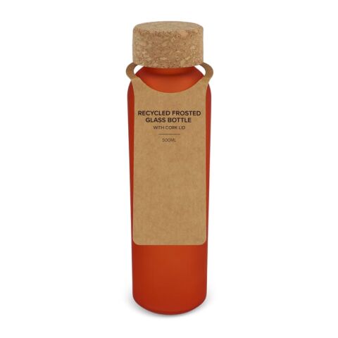 Werbeartikel Trinkflasche 500ml aus recyceltem Glas gefrostet mattierte Oberfläche Naturkorken-Deckel nachhaltig – Orange – mit Logo bedruckt