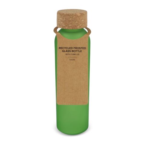 Werbeartikel Trinkflasche 500ml aus recyceltem Glas gefrostet mattierte Oberfläche Naturkorken-Deckel nachhaltig – hellgrün – mit Logo bedruckt