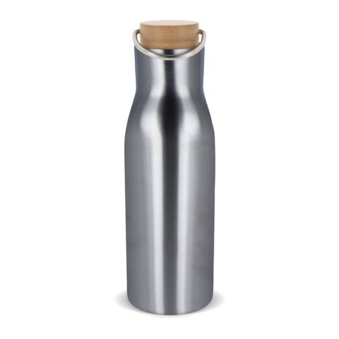 Werbeartikel 500 ml Isolierflasche aus Edelstahl vakuumisoliert mit echtem Bambusdeckel & Matt-Finish – silber – mit Logo bedruckt
