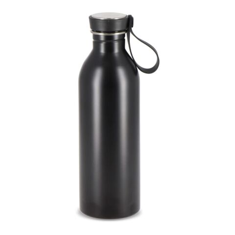 Werbeartikel Lucy 500 ml Trinkflasche aus recyceltem Edelstahl leicht & elegant mit Silikonschlaufe & Edelstahlplatte – schwarz – mit Logo bedruckt