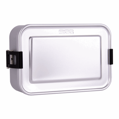 Werbeartikel SIGG Lunchbox Plus S Flat – silber-schwarz – mit Logo bedruckt
