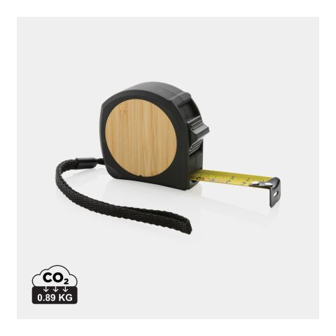 Werbeartikel 5m/19mm Maßband aus RCS recycelt. Kunststoff & Bambus – schwarz – mit Logo bedruckt