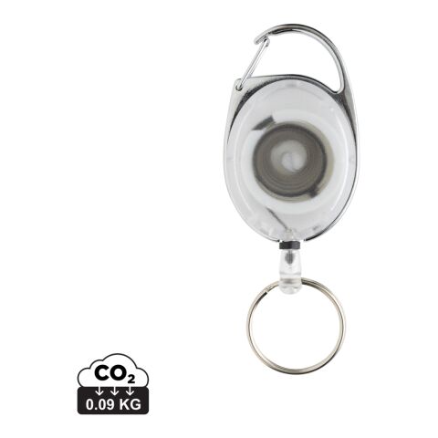 Werbeartikel Roller-Clip-Schlüsselanhänger aus RCS recyceltem ABS – weiß – mit Logo bedruckt