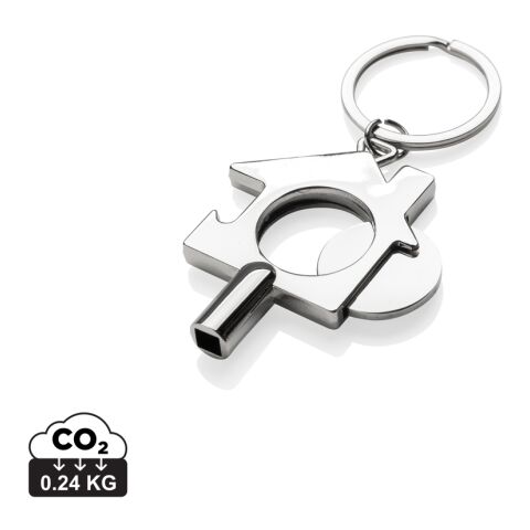Werbeartikel Schlüsselanhänger Heizungsschlüssel Einkaufswagenlöser Flaschenöffner 80% RCS recyceltes Zink nachhaltig – silber – mit Logo bedruckt