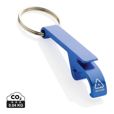 Werbeartikel Flaschen- und Dosenöffner aus RCS recyceltem Aluminium – blau – mit Logo bedruckt