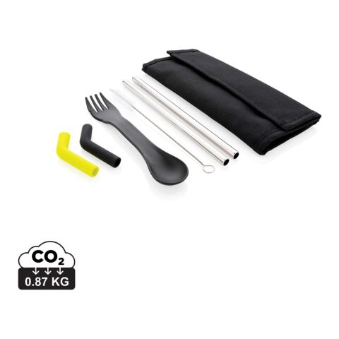 Werbeartikel Tierra Set Trinkhalm Strohhalm Besteck Göffel Edelstahl nachhaltig wiederverwendbar Outdoor Reise – schwarz – mit Logo bedruckt