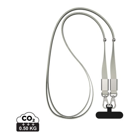 Werbeartikel Nivo Lanyard Schlüsselband Handykette RCS recycelt Crossbody-Gurt Aluminium-Details verstellbar – grau – mit Logo bedruckt