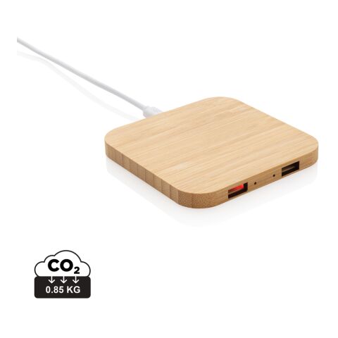 10W Wireless-Charger mit USB aus FSC®-Bambus braun | ohne Werbeanbringung | Nicht verfügbar | Nicht verfügbar