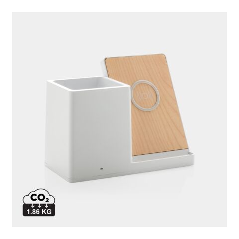 Werbeartikel Ontario 10W Wireless Charger aus Bambus und RCS Kunststoff – weiß – mit Logo bedruckt