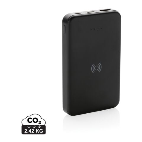Werbeartikel 5.000mAh 5W Wireless Powerbank aus RCS recyceltem Kunststoff – schwarz – mit Logo bedruckt