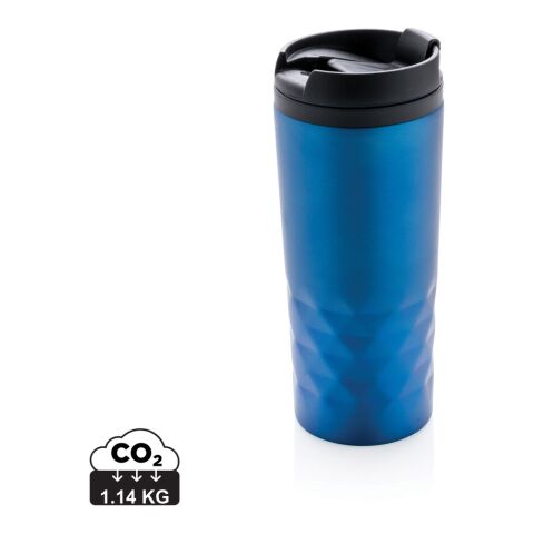 Werbeartikel 300 ml Stainless-Steel Kaffeebecher mit geometrischen Details & Kunststoff-Innenwand – blau – mit Logo bedruckt