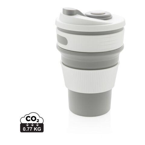 Werbeartikel 350 ml faltbarer Becher aus 100% Silikon mit Deckel platzsparend & BPA-frei ideal für Outdoor – grau – mit Logo bedruckt