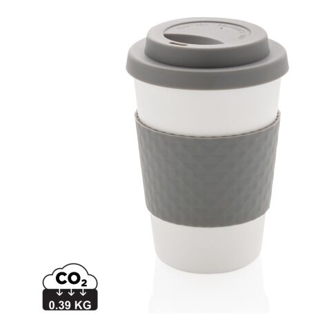 Werbeartikel 270 ml Mehrweg-Kaffeebecher aus 100% recycelbarem PP mit Silikon-Sleeve & Deckel, mikrowellengeeignet – grau – mit Logo bedruckt