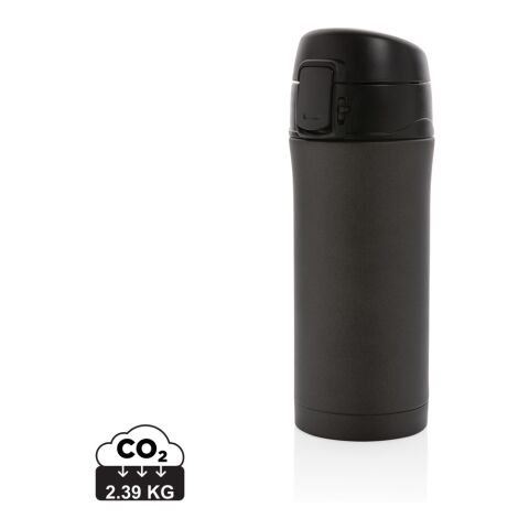 Werbeartikel 300 ml Metallic-Vakuum-Becher aus Edelstahl, doppelwandig mit Easy-Lock-Deckel & passend für Autohalter – schwarz – mit Logo bedruckt