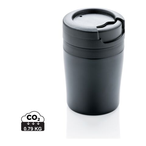 Werbeartikel 160 ml Coffee-to-go Isolierbecher doppelwandig kompakt nur 8 cm hoch ideal für Kapselmaschinen – schwarz – mit Logo bedruckt