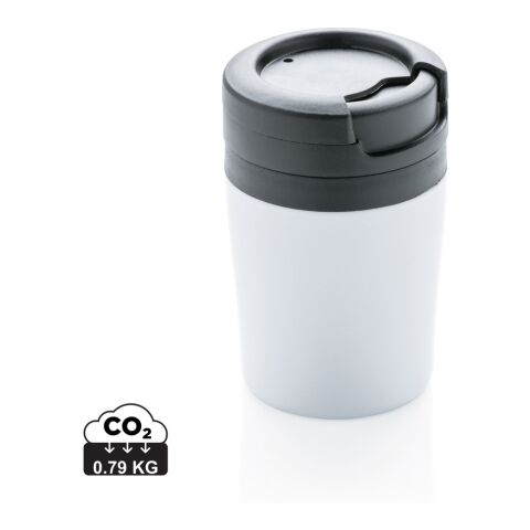 Werbeartikel 160 ml Coffee-to-go Isolierbecher doppelwandig kompakt nur 8 cm hoch ideal für Kapselmaschinen – weiß – mit Logo bedruckt