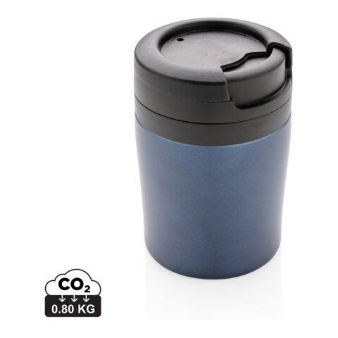 Werbeartikel 160 ml Coffee-to-go Isolierbecher doppelwandig kompakt nur 8 cm hoch ideal für Kapselmaschinen – blau – mit Logo bedruckt