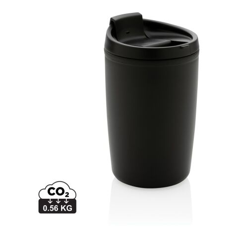 Werbeartikel 300 ml Coffee-to-go Mehrwegbecher aus 97% GRS Recycling-PP mikrowellenfest mit Flip-Deckel – schwarz – mit Logo bedruckt