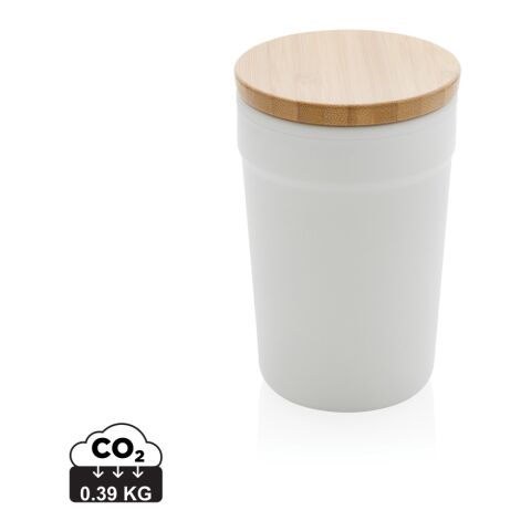 Werbeartikel 300 ml Coffee-to-go Becher aus Recycling-Kunststoff mit FSC -Bambusdeckel nachhaltiges Design inkl. Box – weiß – mit Logo bedruckt