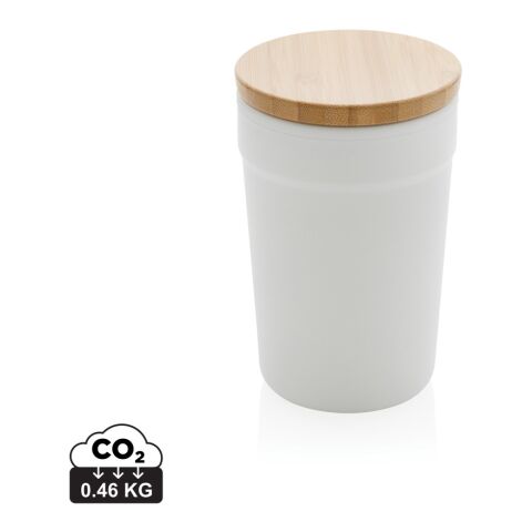 Werbeartikel Kaffee to go Becher Bambus Deckel – weiß – mit Logo bedruckt 300 ml nachhaltig für die Büroküche