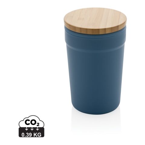 Werbeartikel 300 ml Coffee-to-go Becher aus Recycling-Kunststoff mit FSC -Bambusdeckel nachhaltiges Design inkl. Box – blau – mit Logo bedruckt
