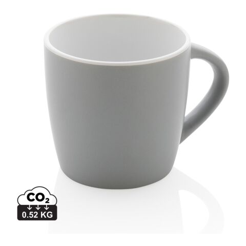 Werbeartikel 300 ml Keramiktasse mit mattem Finish & farbiger Innenseite, moderne Kaffeetasse inkl. Geschenkbox – grau-weiß – mit Logo bedruckt