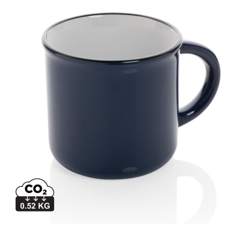 Werbeartikel Vintage 280 ml Keramik Kaffeebecher Retro-Look Emaille-Optik spülmaschinenfest inkl. Geschenkbox – blau – mit Logo bedruckt