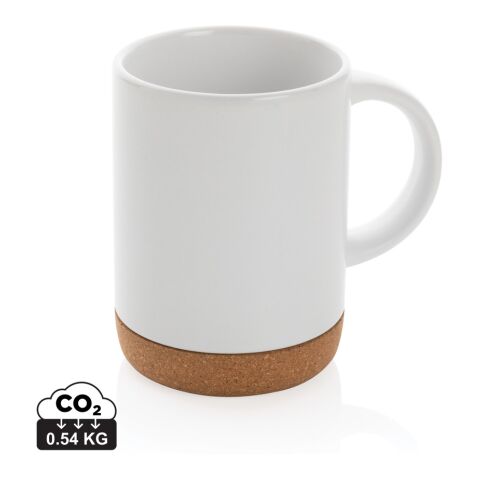 Werbeartikel Keramikbecher Korkboden – weiß – mit Logodruck 280 ml für die Büroküche
