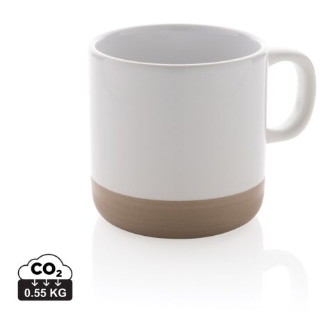 Werbeartikel 360 ml Kaffeebecher aus Keramik mit Henkel unglasierter Boden Nature-Optik jedes Stück ein Unikat – weiß – mit Logo bedruckt