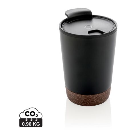 Werbeartikel 300 ml Kaffeebecher mit Kork-Ummantelung doppelwandig Thermobecher hält 3h heiß & 6h kalt Natur-Design – schwarz – mit Logo bedruckt