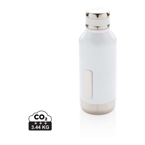Werbeartikel Edelstahl Thermosflasche 500 ml auslaufsicher mit Logoplatte vakuumisoliert – weiß – mit Logo bedruckt
