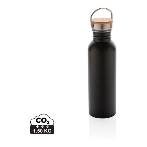 Werbeartikel Moderne 700 ml Edelstahl-Trinkflasche einwandig mit Bambusdeckel & Edelstahlgriff BPA-frei – schwarz – mit Logo bedruckt