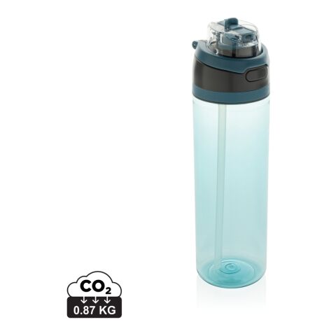 Werbeartikel Omni Sip 800 ml Wasserflasche aus RCS RPET mit Strohhalm & Trinköffnung auslaufsicher per Knopfdruck – blau – mit Logo bedruckt
