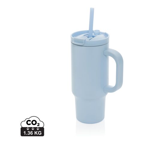 Werbeartikel Cruiser 480 ml Coffee-to-go Thermobecher aus Recycling-Edelstahl auslaufsicher mit Griff & Strohhalm – blau – mit Logo bedruckt