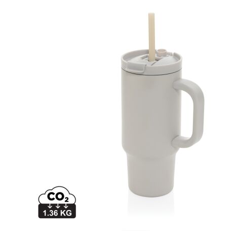 Werbeartikel Cruiser 480 ml Coffee-to-go Thermobecher aus Recycling-Edelstahl auslaufsicher mit Griff & Strohhalm – grau – mit Logo bedruckt