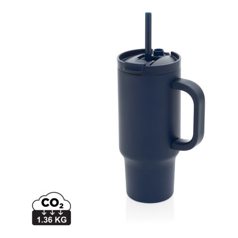 Werbeartikel Cruiser 480 ml Coffee-to-go Thermobecher aus Recycling-Edelstahl auslaufsicher mit Griff & Strohhalm – navy blau – mit Logo bedruckt
